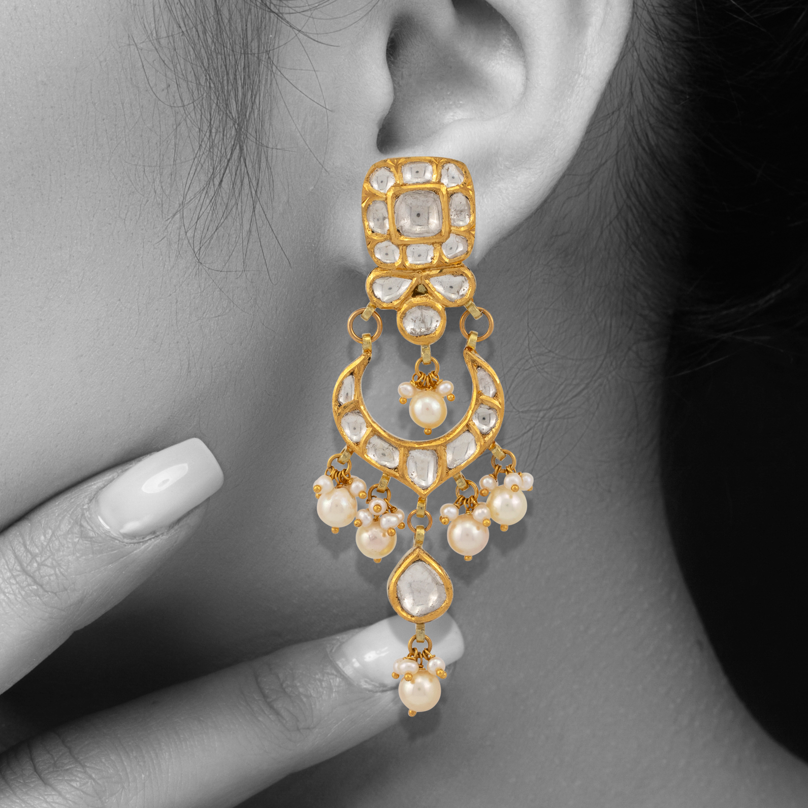 Crescent Polki Earrings with Pearl Drops and Square Diamonds